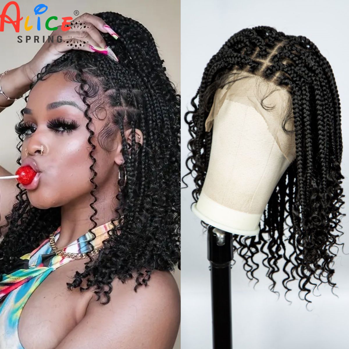 Synthetic Braided Wigs For Black Women - 結び目のないボックス編み込みウィッグ カールエンド付き 合成フルレース 編み込みレースウィッグ ショート ボヘミアン