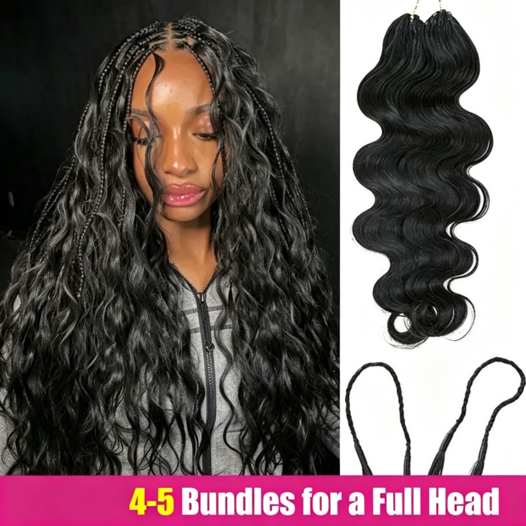 Hair Bundles - スマイルガール ボディウェーブ フェザー クロシェ編み込み 人毛エクステンション 合成繊維製、あらかじめ結び目が処理済み、結び目なしクロシェヘア