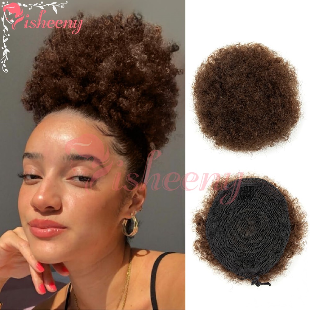 Drawstring Afro Curly Puff Ponytail - Isheeny キンキーカーリーアフロパフ ドローストリングポニーテール 本物の人毛バンス 通気性のあるストレッチメッシュネット 滑り止めクリップ