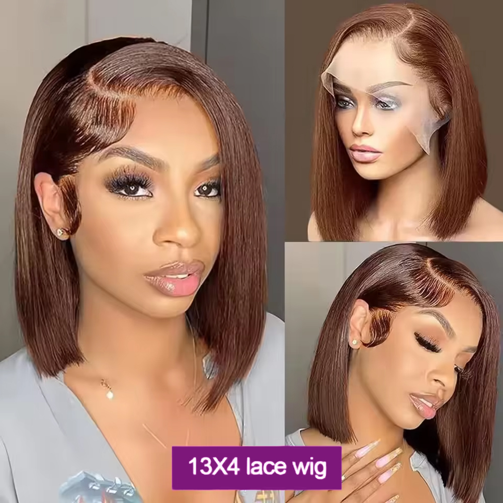 前髪部分に毛を植え付けた、チョコレートブラウンの短いボブスタ - Pre Parted 13X4 Lace Front Bob Wig のレビューと価格