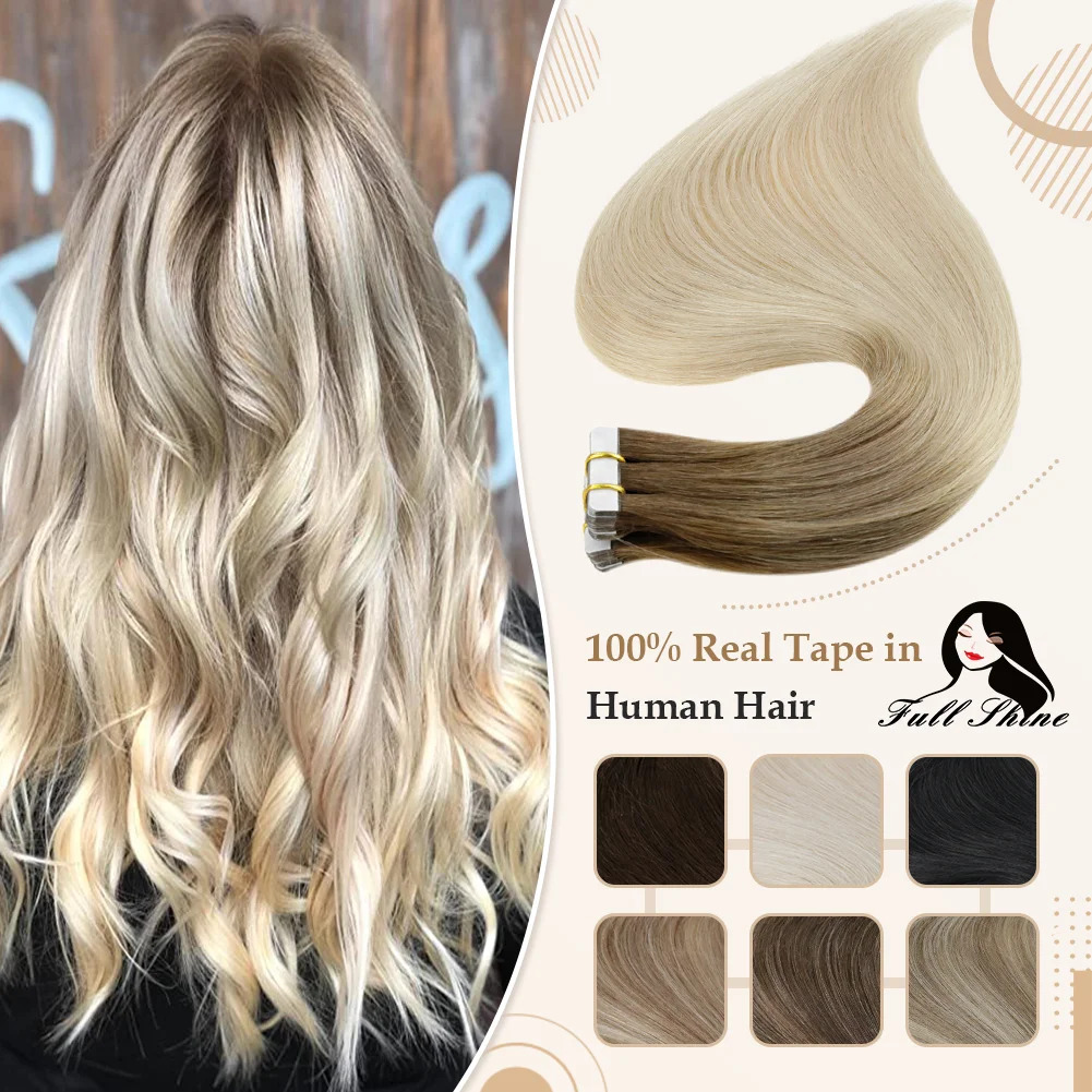 フルシャインアンバーテープヘアエクステンション人毛ブロンドカ - Invisible Tape In Extensions Real Hair のレビューと価格