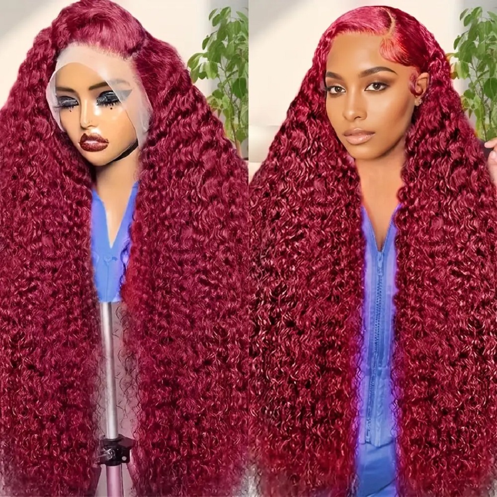 200密度 バーガンディ ディープウェーブ 人毛ウィッグ 9 - Lace Front Wigs のレビューと価格